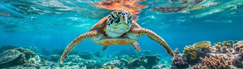 Fototapeta premium A vibrant sea turtle swimming gracefully underwater among colorful coral reefs. The sunlight creates beautiful patterns in the clear turquoise water.