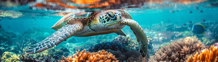 Fototapeta premium A vibrant underwater scene showcasing a sea turtle swimming over a colorful coral reef in crystal clear water.