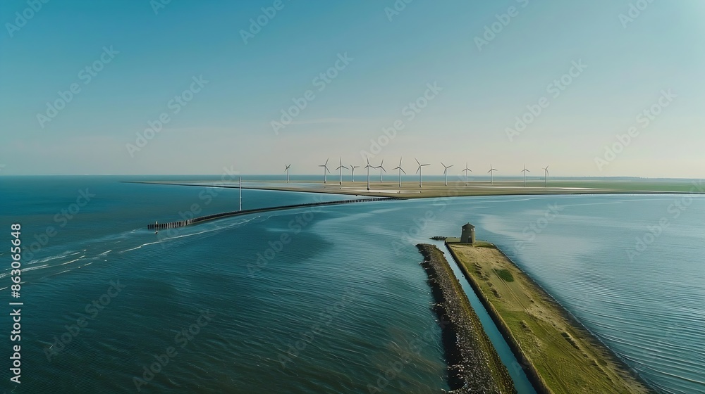 Aufkleber Windmill park in the ocean aerial view with wind turbine Flevoland Netherlands Ijsselmeer Green Energy production in the Netherlands : Generative AI