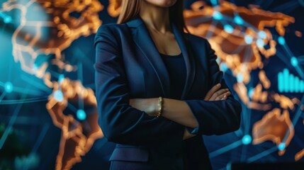 Fototapeta premium Female CEO in navy blue suit, torso view, on call with international partners, virtual meeting backdrop, depicting global business connections, futuristic tone, colored pastel