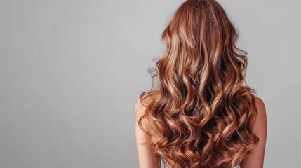 A woman with wavy red hair seen from the back, showcasing her shiny curls