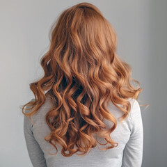 Fototapeta premium A woman with long, wavy red hair seen from behind, highlighting her shiny curls