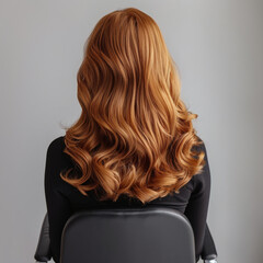 Naklejka premium A woman with long, wavy blonde hair viewed from the back, displaying her shiny curls