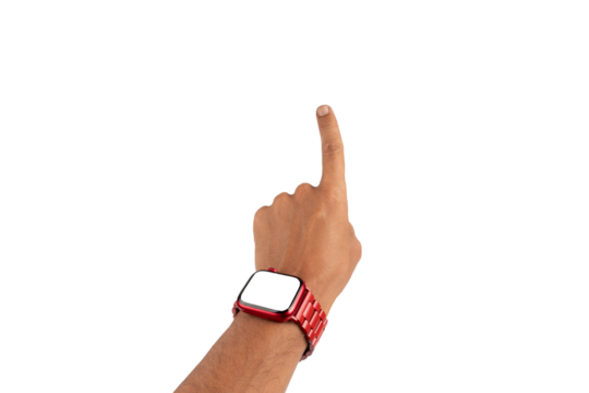 Male hand pointing forward wearing a red smartwatch isolated no background blanc screen
