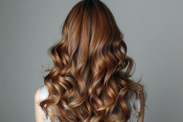 A woman with long, wavy brown hair viewed from behind, displaying her shiny curls