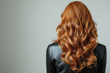 Obraz premium A woman with long, wavy red hair seen from behind, showcasing her shiny curls
