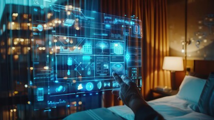 Highdefinition shot of a holographic interface booking a hotel room, with ample copy space