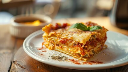 Portion of traditional italian lasagne/lasagna on white plate 