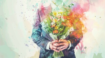 Blooming Wealth, A creative illustration of a person in a suit holding a bouquet made of flowers and dollar bills, symbolizing the flourishing of financial success and prosperity.