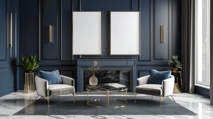 Modern Luxurious Living Room Interior with Blue and Gold Accents, Generative AI