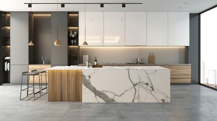 A modern kitchen with a waterfall marble island white and wood cabinets and a tiled backsplash No brands or labels : Generative AI