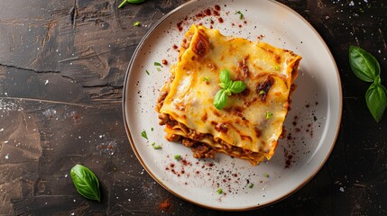 Portion of traditional italian lasagne/lasagna on white plate 