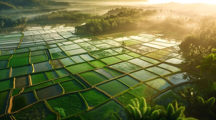 Naklejka premium Aerial View of Lush Green Rice Terraces at Dawn