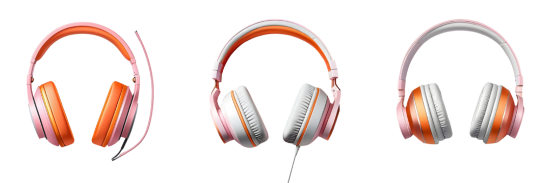 Set of stylish headphones logo design in pastel pink and orange hues, perfect for podcast or streaming themes. Isolated on transparent background for easy use in digital and print media. - Powered by Adobe