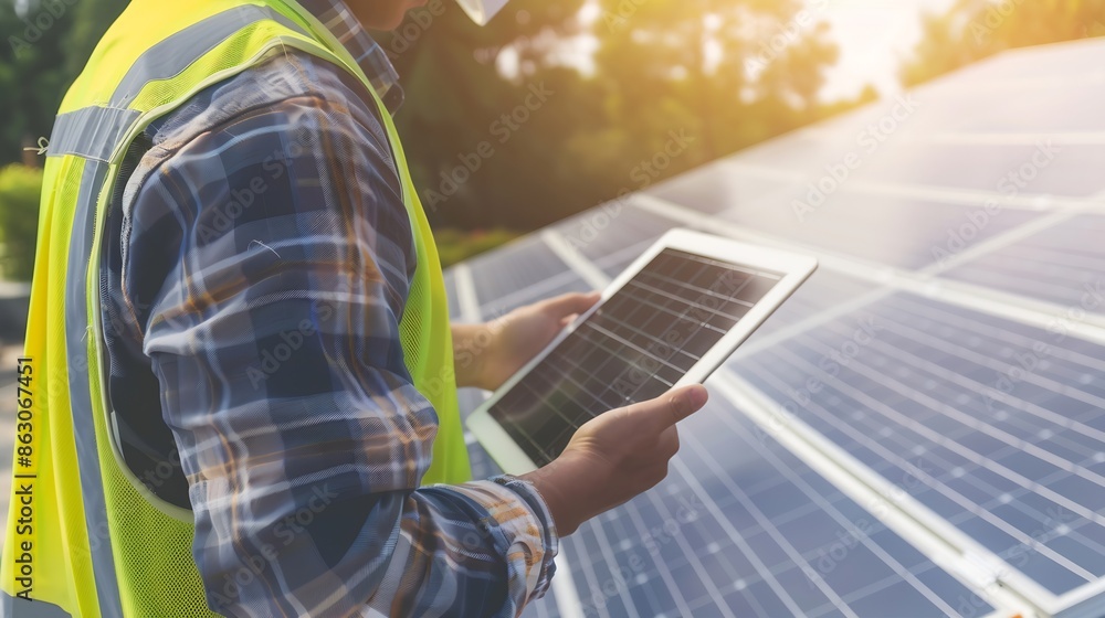 Poster Construction worker tablet and portrait of man with research and digital data for solar panel installation Happy engineer and male contractor with eco and energy project with tech and  : Generative AI