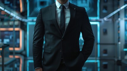 Male CEO in black suit, torso view, threat detection symbol backdrop, modern office setting, representing cybersecurity, cybernetic tone, Analogous Color Scheme