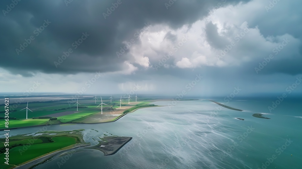 Poster windmill park with clouds during a rainy day windmill park in the ocean aerial view with wind turbin