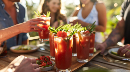 Friends Enjoying Bloody Mary Cocktails at Outdoor Gathering. National Bloody Mary Day