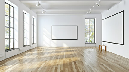 Empty Gallery Room With Large Windows and empty frames. Mock up