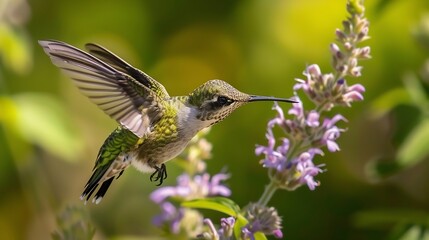 Fototapeta premium A juvenile Rubythroated humming bird feeding on a flower Ontario Canada : Generative AI