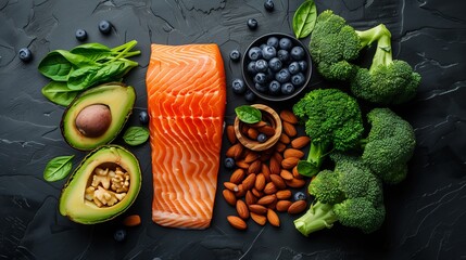 A photo of various healthy foods, including fish and vegetables