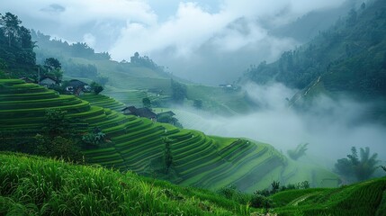 Fototapeta premium Mist-shrouded rice terraces with lush green foliage and distant mountains.