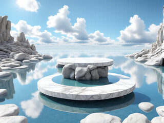  Podium water background product display scene 3d marble stand stone summer platform. Mockup background water beauty white podium rock space cosmetic stage blue presentation nature light pool black 