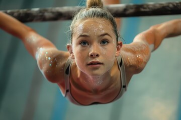 A talented young gymnast is seen in mid-performance on the horizontal bar, with her body position and expression showcasing her dedication and athletic skill.