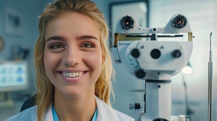 Blonde optometrist using modern equipment to examine patient s vision at eye clinic