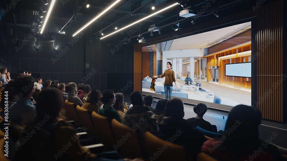 Aufkleber Young University Professor Explaining an Interior Design Styles Lecture to a Group of Diverse Multiethnic Students in a Dark Auditorium Teacher Showing a Housing Project on Two Big Scr : Generative AI