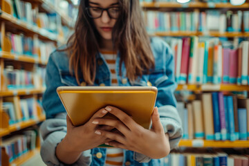 Young Woman Reading Digital Tablet in Library, Student Studying