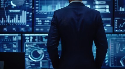Male CEO in navy blue suit, torso view, system monitoring interface backdrop, modern office setting, representing realtime analytics, cybernetic tone, Analogous Color Scheme