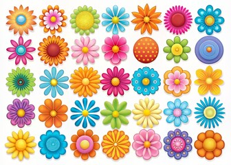 Fototapeta premium Vibrant flat flower icons in various bright colors, including pink, yellow, blue, and orange, arranged in a playful and whimsical set on a white background.