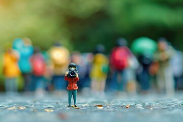 Miniature people celebrate World Photography Day with camera.