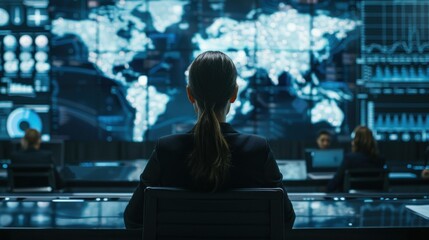 Fototapeta premium Female CEO in black suit, torso view, leading global strategy meeting, hightech boardroom backdrop, showcasing international leadership, scifi tone, Monochromatic Color Scheme