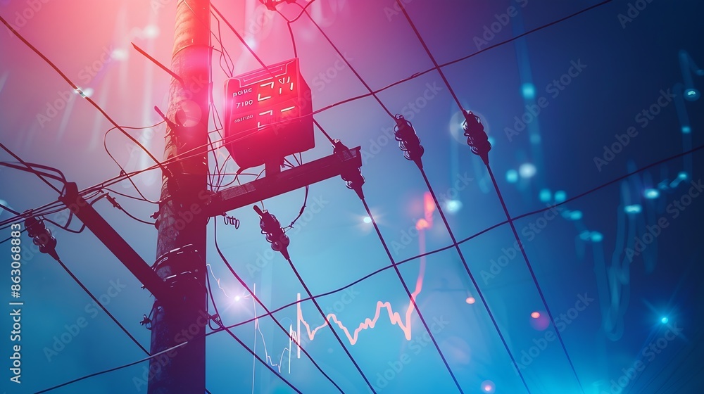 Aufkleber electric pole and red blue light and index number and graph of stock market energy business abstract background : Generative AI