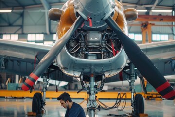 A dedicated mechanic is seen inspecting the undercarriage and propeller of an aircraft inside a hangar, emphasizing the importance of routine checks and repairs.