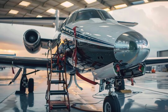 A private jet is stationed in a hangar, undergoing thorough maintenance services to ensure its optimal performance, highlighting the importance of aircraft upkeep.
