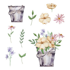 Watercolor bucket with garden flowers © SvetaArt