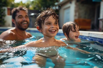 A father and his two children enjoy a delightful time while swimming in the pool, sharing laughter and happy moments, water softly shimmering in the sunlight.
