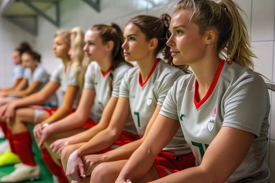 Focused women soccer players, dressed in uniforms, sit together on a bench in the team locker room, preparing mentally and physically for the upcoming game.