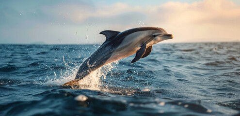 Fototapeta premium A Dolphin Leaps Above the Ocean Waves on a Sunny Day