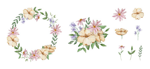 Border with watercolor garden flowers and leaves