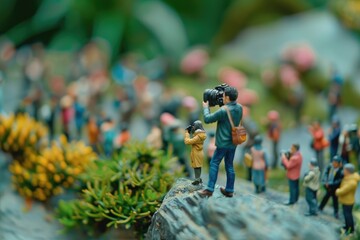 Miniature people celebrate World Photography Day with camera.