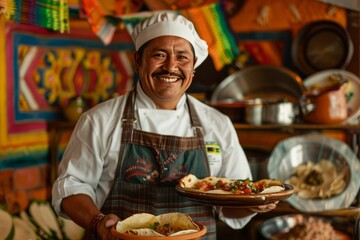 smiling Mexican chef serving traditional tacos in a clay pot