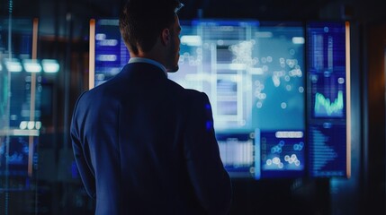 Male CEO in navy blue suit, torso view, reviewing global trade report, modern office backdrop, representing global commerce expertise, cybernetic tone, Analogous Color Scheme