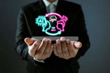 man holding command prompt ai chat bot. Big data storage.Digital Artificial Intelligence technology...