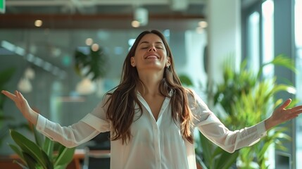 Business woman takes a break at work Happy young woman standing in the office spreading her arms feeling free and relaxed and smiling with her eyes closed : Generative AI
