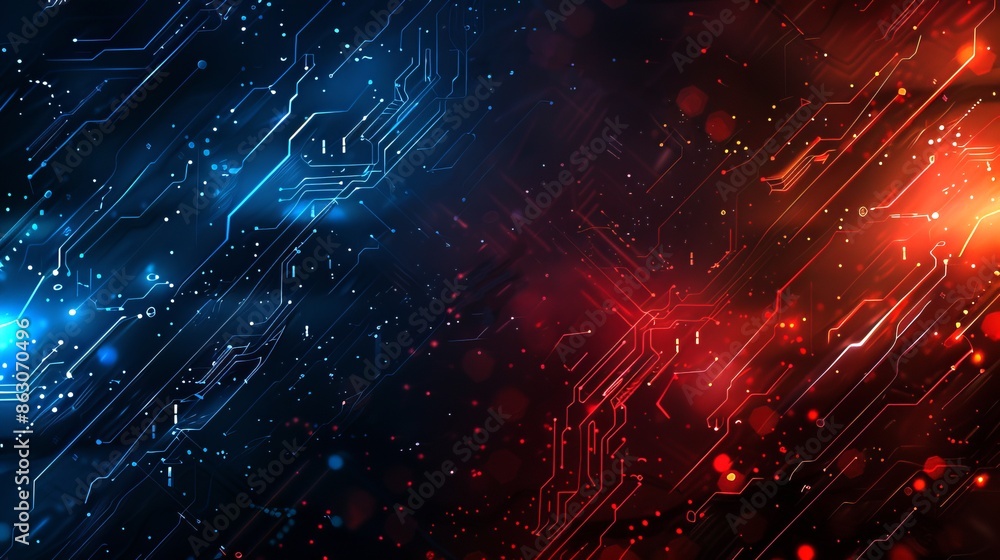 Poster abstract tech circuit board background with vibrant blue and red lights. contrast of technology and 