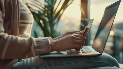 Woman shopping on laptop holding credit card for Internet online ecommerce shopping spending money Online shopping Mobile phone laptop technology : Generative AI